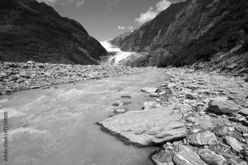 Glacial river in New Zealand. Black and white.