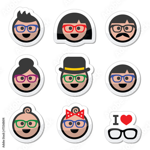 People wearing glasses, geek labels set
