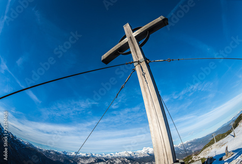 Cross on the peak Orlova Glava,Triglav National Park,Slovenia photo