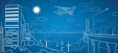 Industrial city panorama, sea bay, road and bridge, airplane fly
