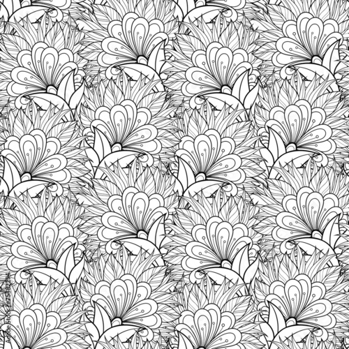 Seamless Monochrome Floral Pattern  Vector . Hand Drawn Texture 