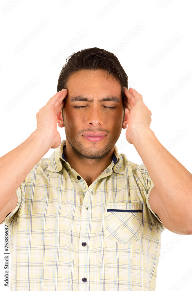 young handsome hispanic man expressing headache young handsome hispanic man expressing headache