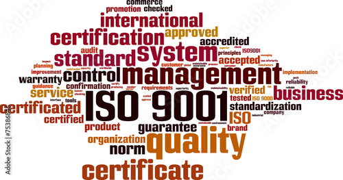 ISO 9001 word cloud concept. Vector illustration photo