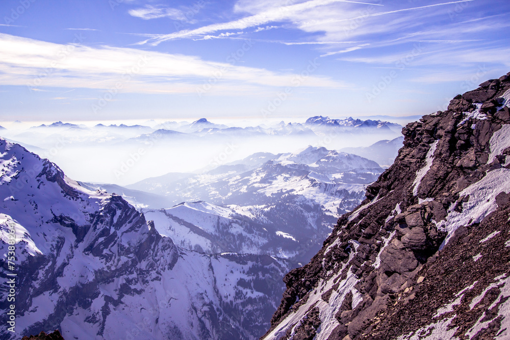 Alpine landscape with peaks covered by snow