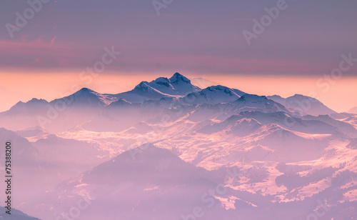 Alpine landscape with peaks covered by snow