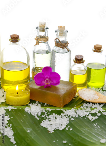 health spa and banana leaf texture with many white salt