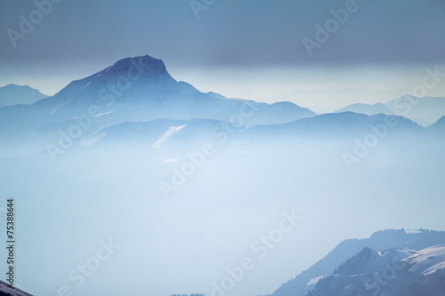 Alpine landscape with peaks covered by snow