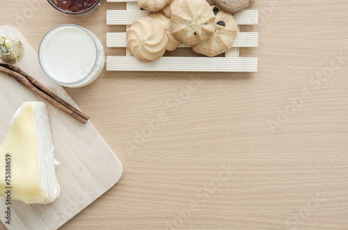 Top view of Crape cake and Home made cokkies photo