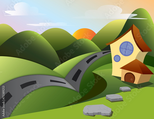 Mountain landscape summer home road sunset colorful sky