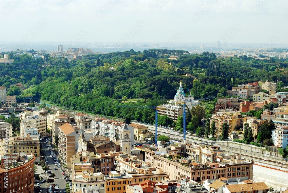 Aerial view of Rome city from St Peter Basilica roof