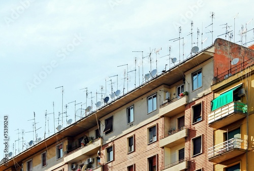 Rome city antenna forest on the roof on May 30, 2014