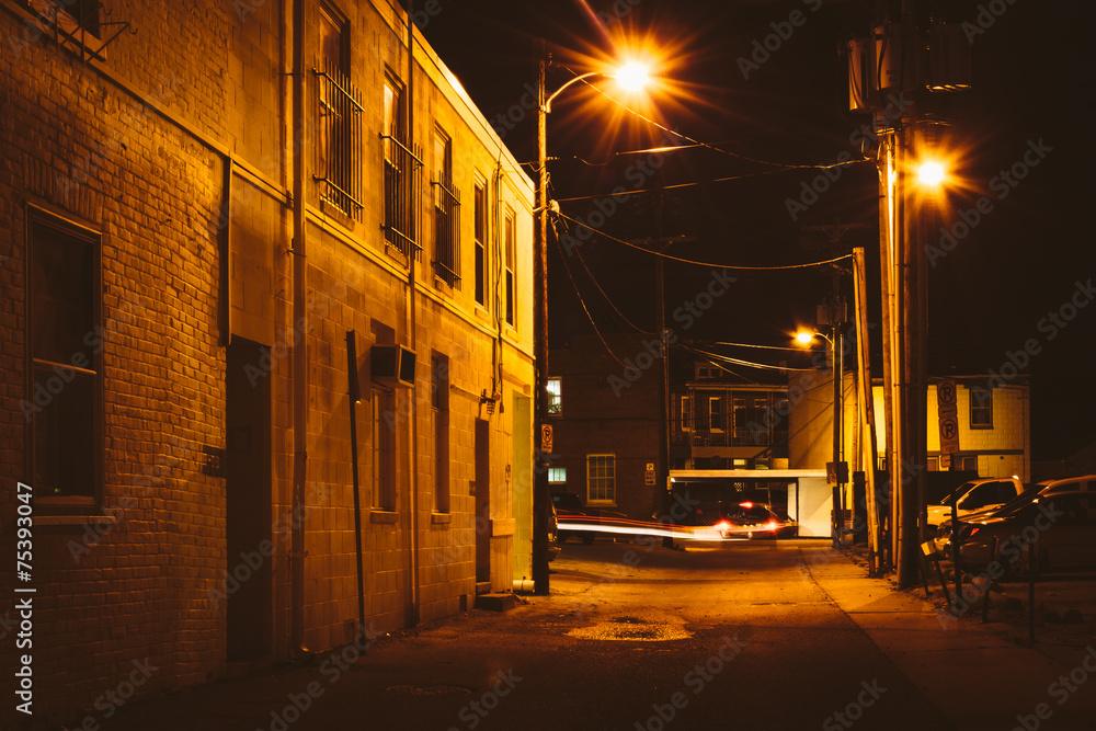 Alley at night, in Hanover, Pennsylvania. Alley at night, in Hanover, Pennsylvania.