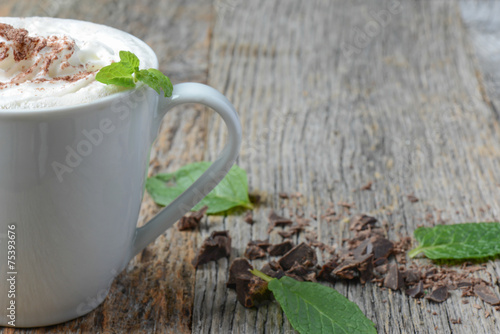 Mint Hot Chocolate on Wood Background