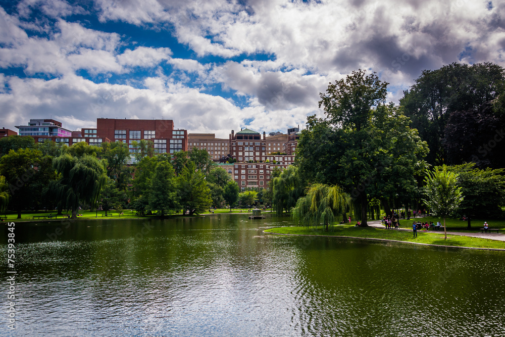 Buildings and a pond in the Public Garden in Boston, Massachuset