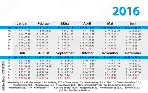 Kalender 2016 Visitenkartenformat mit Feiertagen