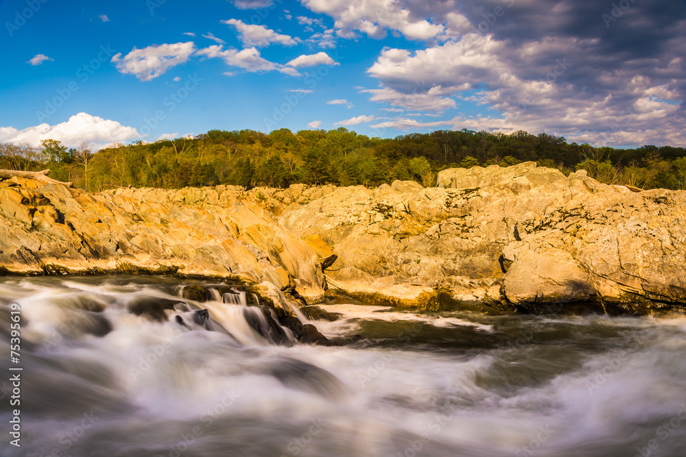 Evening light on rocks and rapids in the Potomac River, at Great Evening light on rocks and rapids in the Potomac River, at Great