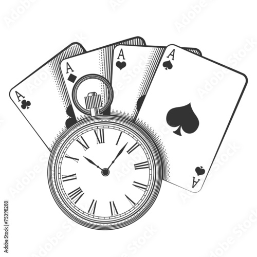 Old pocket watch and playing cards