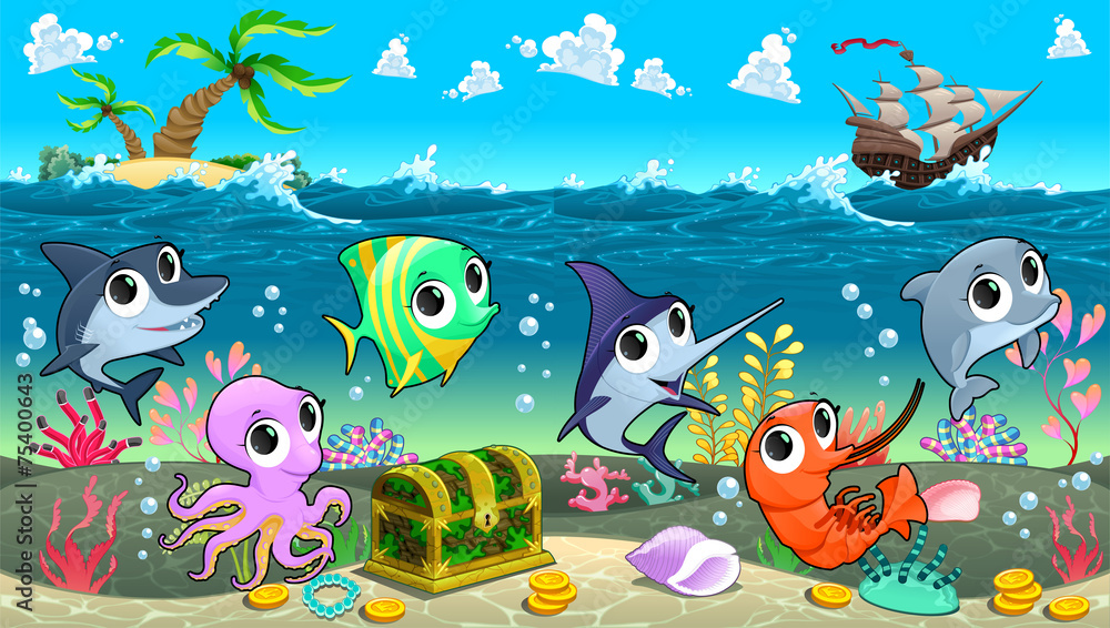 Obraz premium Funny marine animals in the sea with galleon