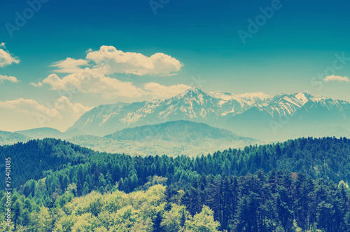 Fototapeta Naklejka Na Ścianę i Meble -  Retro Photo Of Carpathian Mountains Landscape In Summertime