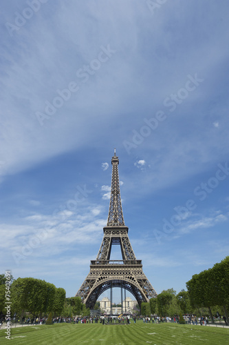 Eiffel Tower with Green Grass and Blue Sky