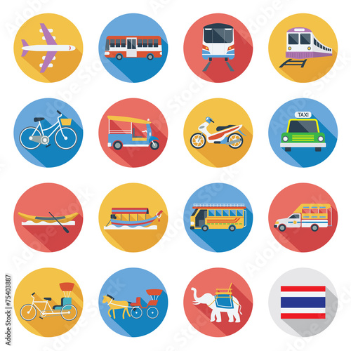 Flat icons set : Thailand Transportation, Trips & Travel