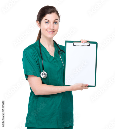 Doctor show with blank paper of clipboard