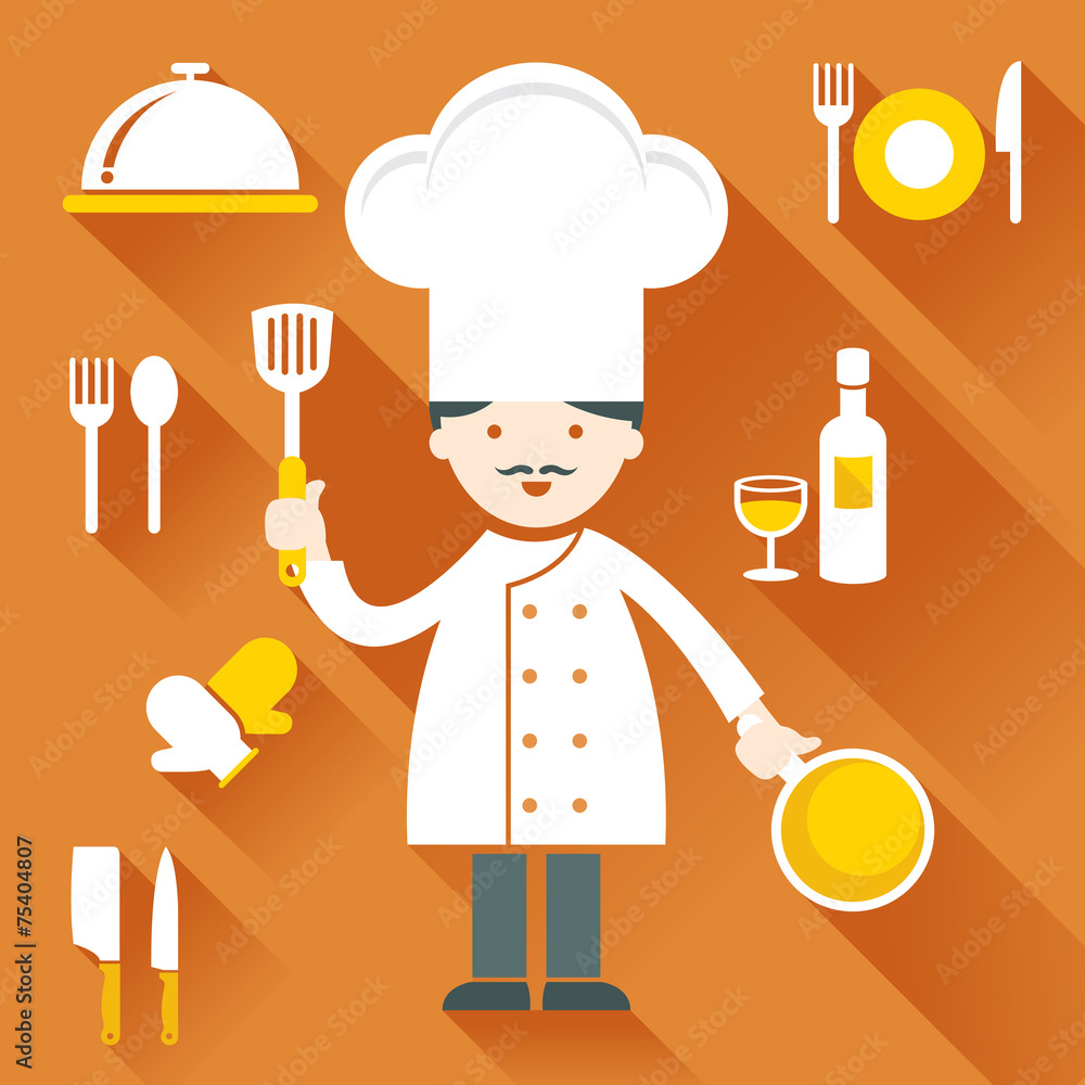 Illustration : Male Chef show pan and spatula with Cooking Icons Illustration : Male Chef show pan and spatula with Cooking Icons