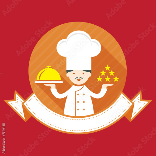 Illustration : Male Chef with Ribbon, Show five stars and salver