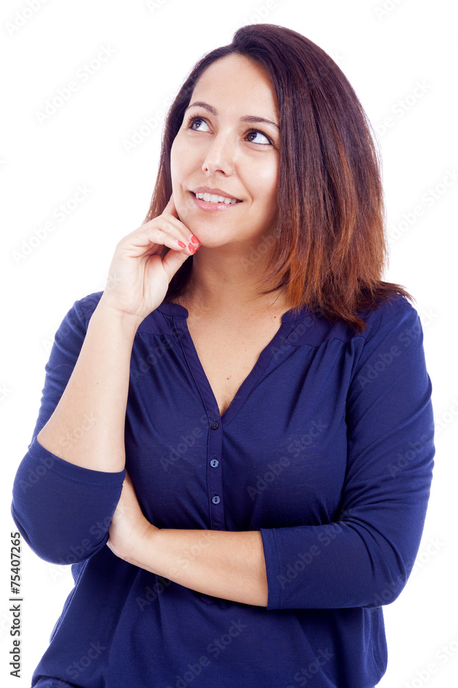 Portrait of a smiling beautiful young woman thinking, isolated o Portrait of a smiling beautiful young woman thinking, isolated o
