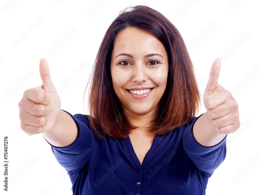 Portrait of a young beautiful woman showing thumbs up, isolated Portrait of a young beautiful woman showing thumbs up, isolated