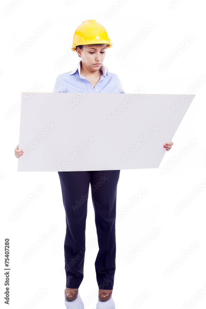 Female engineer analyzes a blueprints, isolated on white backgro Female engineer analyzes a blueprints, isolated on white backgro