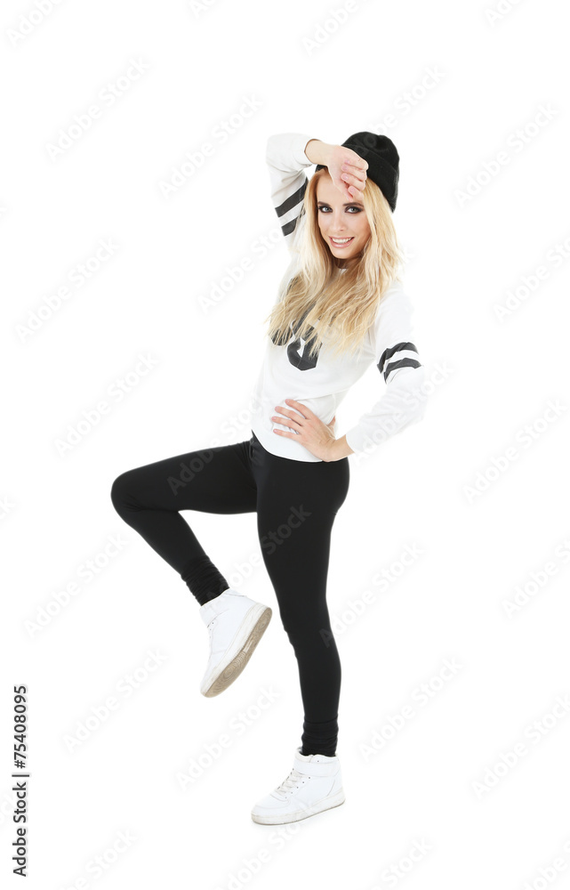 Hip hop dancer dancing isolated on white Hip hop dancer dancing isolated on white