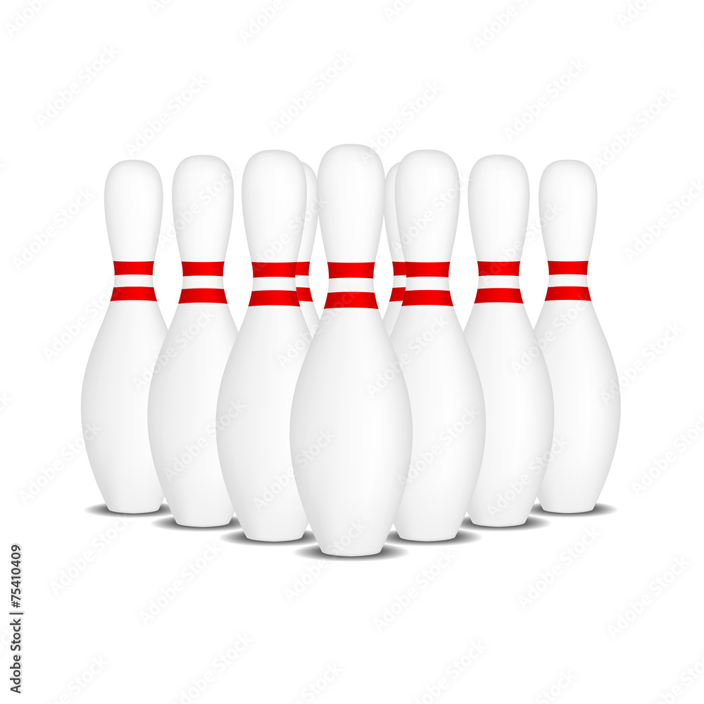 Bowling pins with red stripes standing in formation Bowling pins with red stripes standing in formation