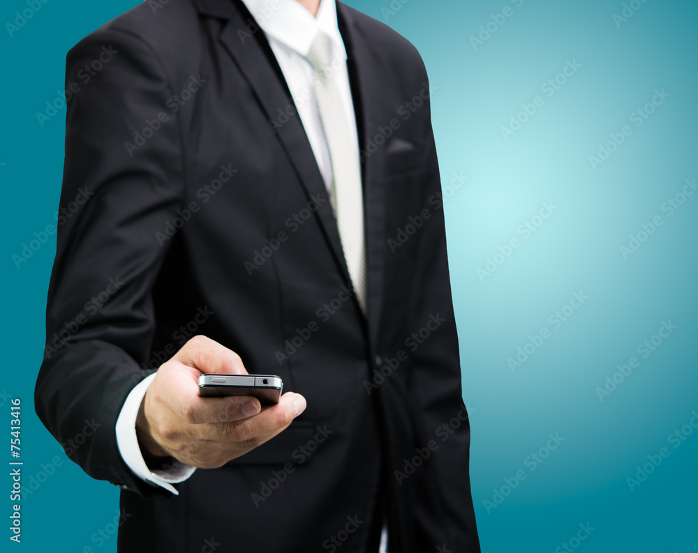 Businessman standing posture hand hold phone isolated Businessman standing posture hand hold phone isolated