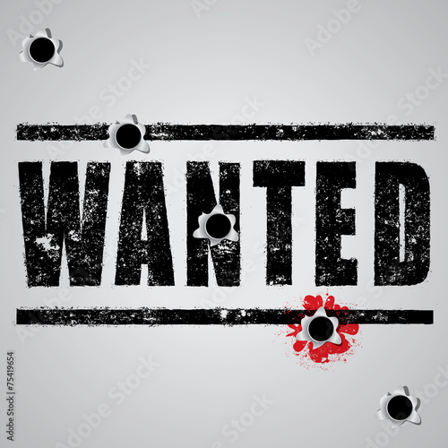 Stamp rubber Wanted with projectile and red blood vector.