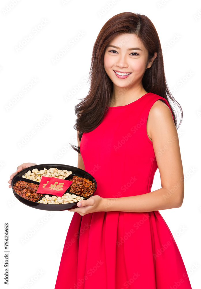 Asian Woman hold with snack tray Asian Woman hold with snack tray