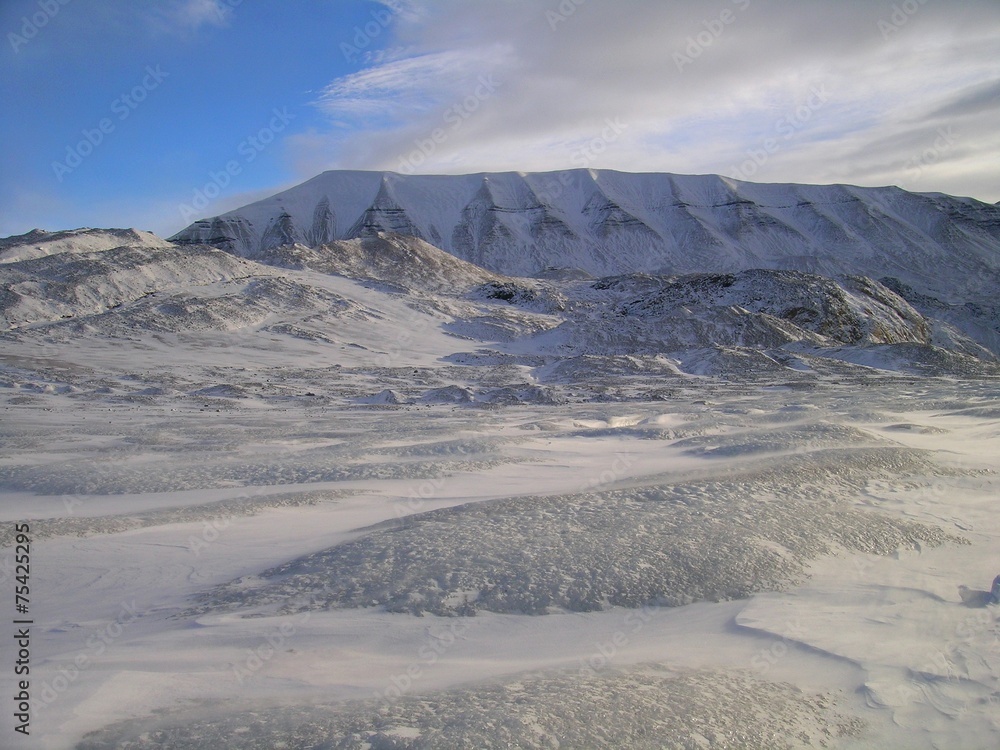 Glacier surface surrounded by mountains in high-Arctic
