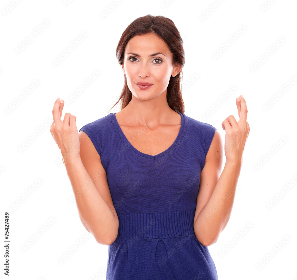 Attractive lady making a wish and luck sign Attractive lady making a wish and luck sign