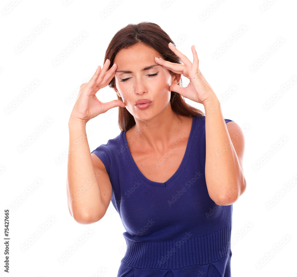 Pretty woman with hand on head and closed eyes Pretty woman with hand on head and closed eyes