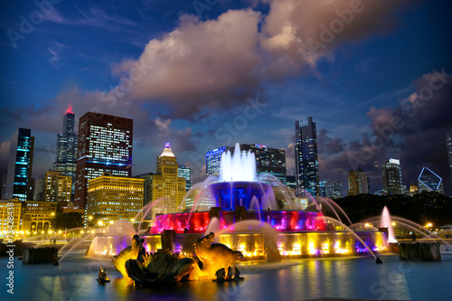 Chicago skyline with Buckingham fountain at twilight, US