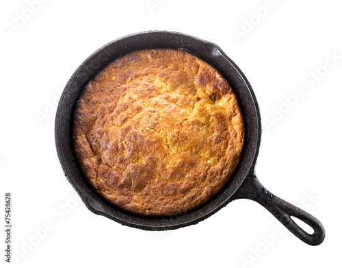 Corn Bread in Cast-Iron Pan Isolated on White
