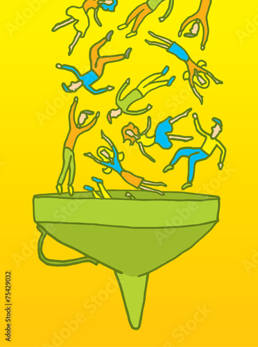 People on team falling and mixing on funnel