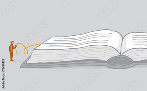 Small man reading between the lines interpreting a book
