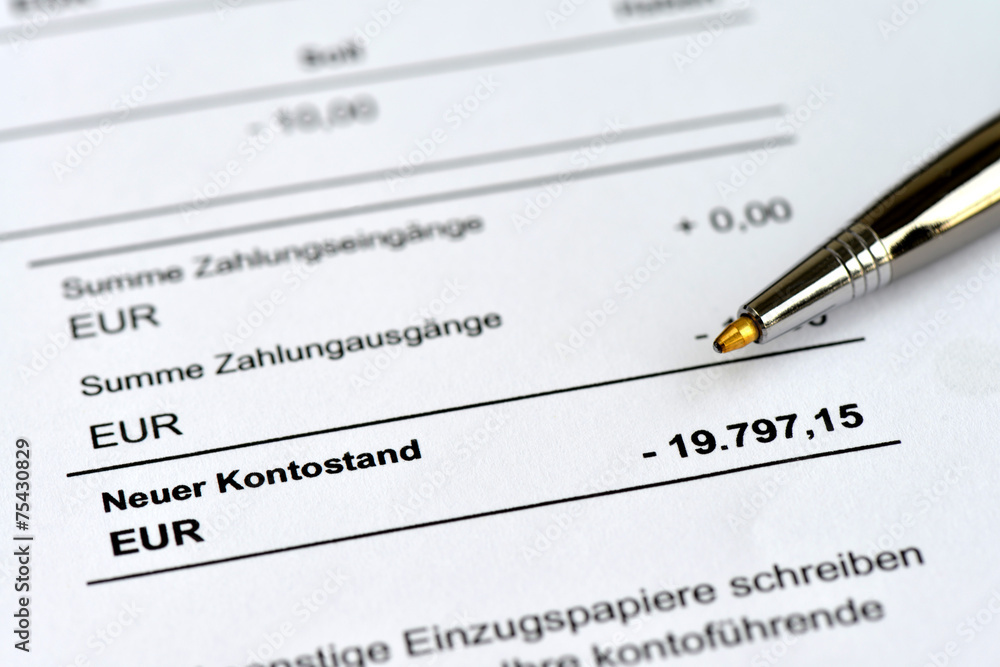Kontoauszug, Soll, Minus, Überschuldung, Privatinsolvenz, Dispo Kontoauszug, Soll, Minus, Überschuldung, Privatinsolvenz, Dispo