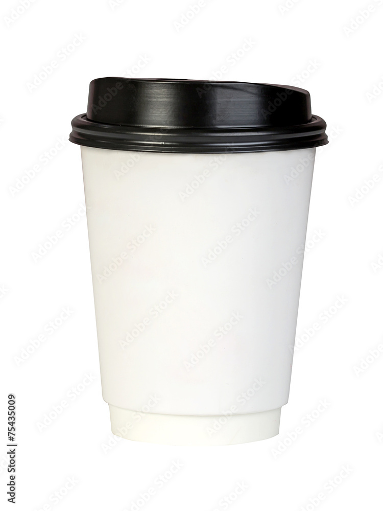 Paper coffee container with black lid on white background Paper coffee container with black lid on white background
