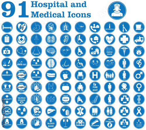 Medical icons used in hospital and signs like doctor, patient.