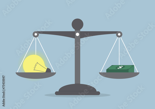 Lightbulb ideas and money balance on the scale