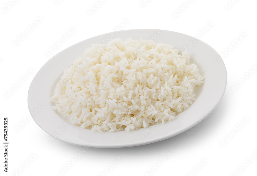 Cooked rice in a white plate on white background Cooked rice in a white plate on white background