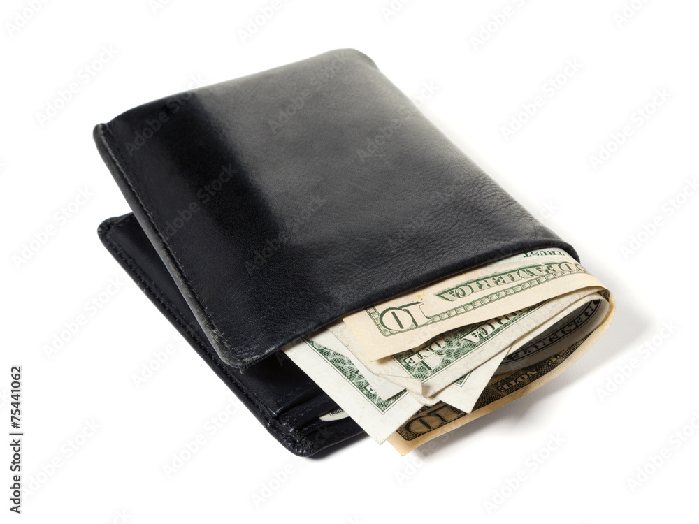 Dollar bills in black leather wallet Dollar bills in black leather wallet