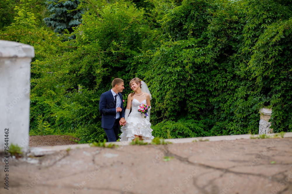 the bride and groom walk in the park the bride and groom walk in the park